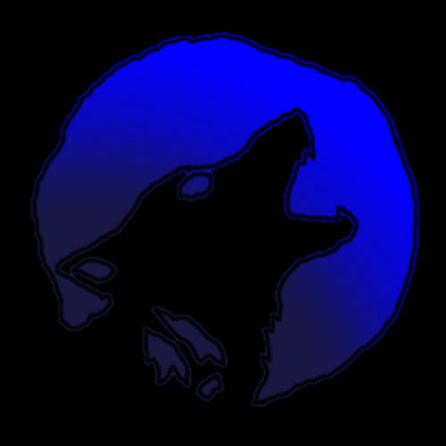 Sillouette of a wolf framed by the moon that is blue